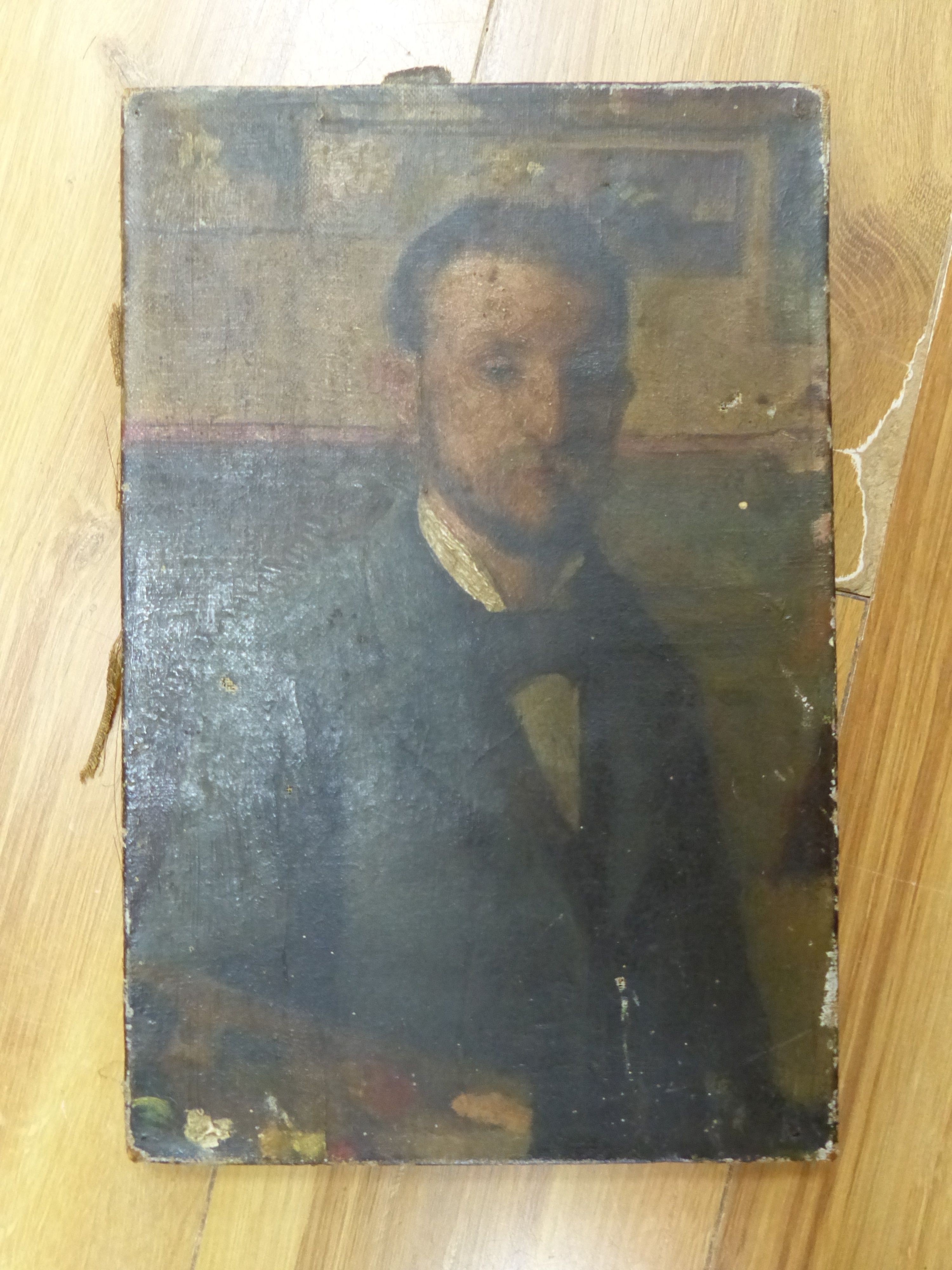 French School c.1900, oil on canvas, Portrait of an artist holding his palette, 33 x 21.5cm, unframed